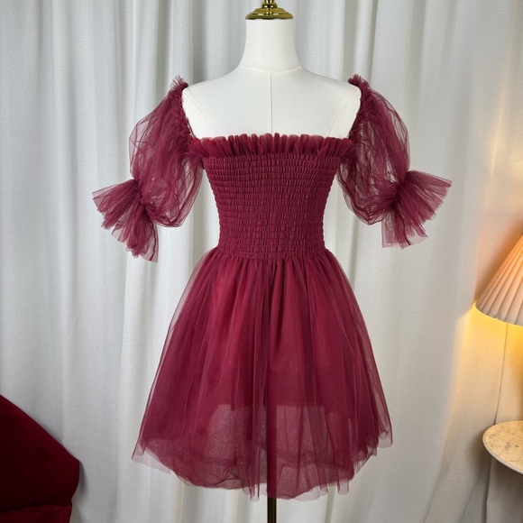 Beasha Studios Tulle Babydoll Wine Mini Dress with Puff Sleeves L - Picture 13 of 13